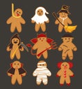 Cartoon cute funny Halloween cookies. Gingerbread horror characters set. Vector illustration.