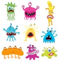 Cartoon cute and funny monsters and bacterias. Vector microbes isolated on white.