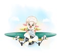 Cartoon cute and funny sheep is flying on a plane Royalty Free Stock Photo