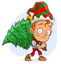 Cartoon funny christmas elf carrying a fir-tree