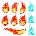 Cartoon cute funny water drops and fireballs