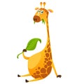 Cartoon cute giraffe chewing green leaf. Vector illustration isolated on white Royalty Free Stock Photo