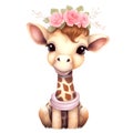 Cute Giraffe Flowers Valentine Watercolor Clipart Illustration AI Generative