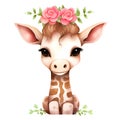 Cute Giraffe Flowers Valentine Watercolor Clipart Illustration AI Generative