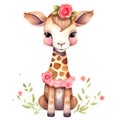 Cute Giraffe Flowers Valentine Watercolor Clipart Illustration AI Generative