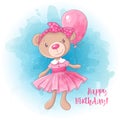 Cartoon cute girl bear with a balloon. Birthday card. Vector illustration