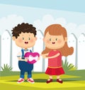 Cartoon cute girl and boy in love holding heart chocolates heart, colorful design