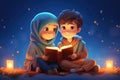 Cartoon Cute Girl and Boy Reading a Fairytale Magic Book Under the Magical Night Sky extreme closeup. Generative AI Royalty Free Stock Photo