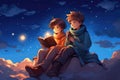 Cartoon Cute Girl and Boy Reading a Fairytale Magic Book Under the Magical Night Sky extreme closeup. Generative AI Royalty Free Stock Photo