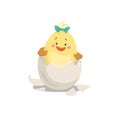 Cartoon cute girl chick with green bow hatching egg. Easter and newborn symbol. Vector illustration.
