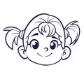 Cartoon cute girl face outlined. Vector illustration of a small girl.