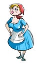 Cartoon cute girl housewife indignant and unhappy. Beauty with a red handkerchief on her head in a blue dress and apron vector