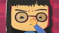 Cartoon cute girl portrait crying and whiping her tears by her hand. Asian stressed anime girl with glasses feeling sad