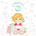 Cartoon cute girl shopping on-line on the background