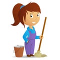 Cartoon cute girl with swab and bucket Royalty Free Stock Photo