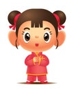 Cartoon cute girl wearing traditional chinese cheongsam wishes happy chinese new yea