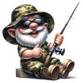 Cute Gnome Fisherman Wearing Camouflage Watercolor Clipart Illustration AI Generative