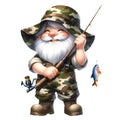 Cute Gnome Fisherman Wearing Camouflage Watercolor Clipart Illustration AI Generative