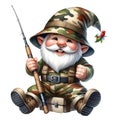 Cute Gnome Fisherman Wearing Camouflage Watercolor Clipart Illustration AI Generative