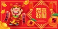 Cartoon cute god of wealth holding calligraphy Chinese scroll. Gold ingots and tangerines falling down on spring couplet Royalty Free Stock Photo
