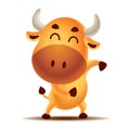 Cartoon cute golden bull character is dancing happily. Ox/Bull/Cow. Cow dancing pose