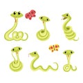 Cartoon cute green smiles snake vector animal illustration.