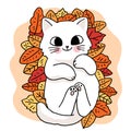 Cartoon cute hand draw cat lay down on meny leaves, Autumn vector. Royalty Free Stock Photo