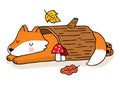Cartoon cute hand draw fox sleep in log, Autumn vector.
