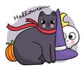 Cartoon cute hand draw witch black cat and pumpkin and head skeletion, Halloween day vector. Royalty Free Stock Photo