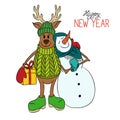 Cartoon cute hand drawn Christmas deer with snowwoman