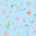 Cartoon cute hand drawn sea life seamless pattern. Hand-drawn underwater sea elements: sea stars, anchor, Coral, shells