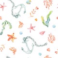 Cartoon cute hand drawn sea life seamless pattern. Hand-drawn underwater sea elements: sea stars, anchor, Coral, shells