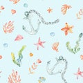 Cartoon cute hand drawn sea life seamless pattern. Hand-drawn underwater sea elements: sea stars, anchor, Coral, shells