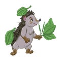 Cartoon cute hedgehog with leaves of Plantago