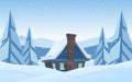Cartoon cute house on Winter christmas mountains landscape background