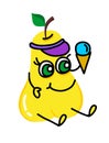 Cartoon cute kind yellow illustration of a pear with beautiful eyes eating ice cream. For a set of stickers, childrens