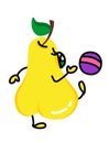 Cartoon cute kind yellow illustration of a pear with beautiful eyes kicking a ball. For a set of stickers, childrens