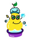 Cartoon cute kind yellow illustration of a pear with beautiful eyes washing in a basin. For a set of stickers, childrens