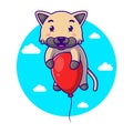 cartoon cute kitten flying with a red balloon