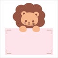 Cartoon cute lion holding memo. Frame for photo, text, note, sticker, label. Little animal to do list card.