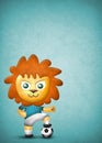 Cartoon cute lion, paper and fabric textures on blue texture background
