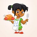 Cartoon cute little arab or afro-american girl in apron serving roasted thanksgiving turkey Royalty Free Stock Photo