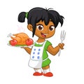 Cartoon cute little arab or afro-american girl in apron serving roasted thanksgiving turkey dish holding a tray and fork Royalty Free Stock Photo