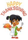 Cartoon cute little arab or afro-american girl in apron serving roasted thanksgiving turkey dish holding a tray and fork. Vector Royalty Free Stock Photo