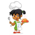 Cartoon cute little arab or afro-american girl in apron serving roasted thanksgiving turkey Royalty Free Stock Photo