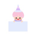 Cartoon cute little birthday hat prince elf holding light blue memo. Frame for photo, text, note, label. Royalty Free Stock Photo