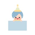 Cartoon cute little birthday hat prince elf holding light blue memo. Frame for photo, text, note, label. Royalty Free Stock Photo