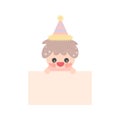 Cartoon cute little birthday hat prince elf holding light brown memo. Frame for photo, text, note, label. Royalty Free Stock Photo
