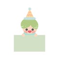 Cartoon cute little birthday hat prince elf holding light green memo. Frame for photo, text, note, label.