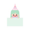 Cartoon cute little birthday hat princess elf holding light green memo. Frame for photo, text, note, label. Royalty Free Stock Photo